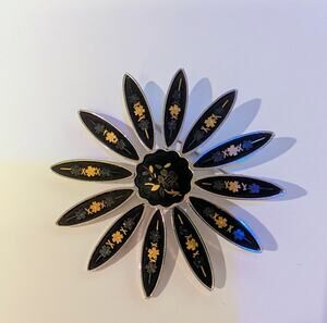 Amita Japan Brooch Pin Starburst Daisy Floral Vintage Sterling Silver Black